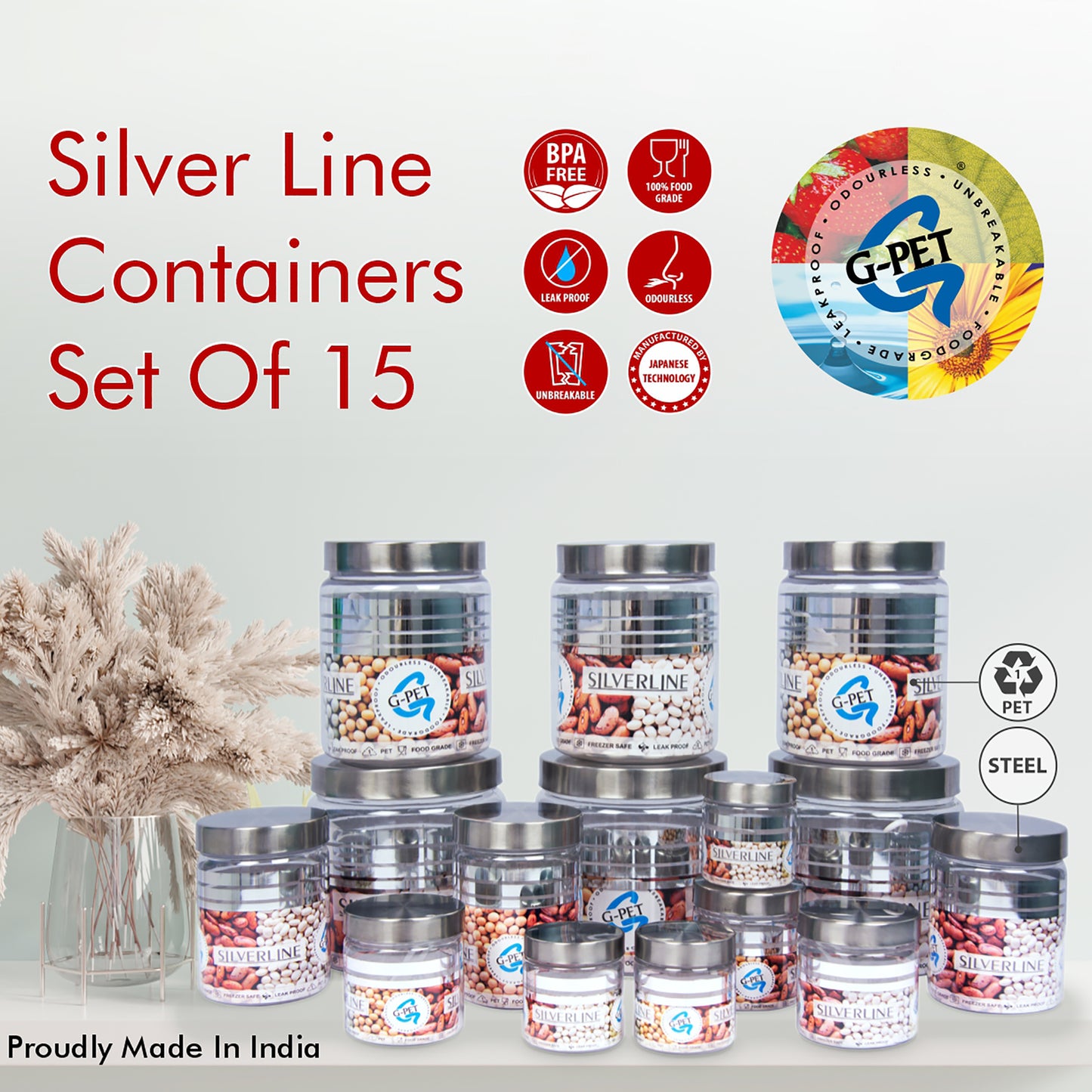 Silver Line Container - Pack of 15 - 1500ml, 1000ml, 450ml, 200ml, 50ml