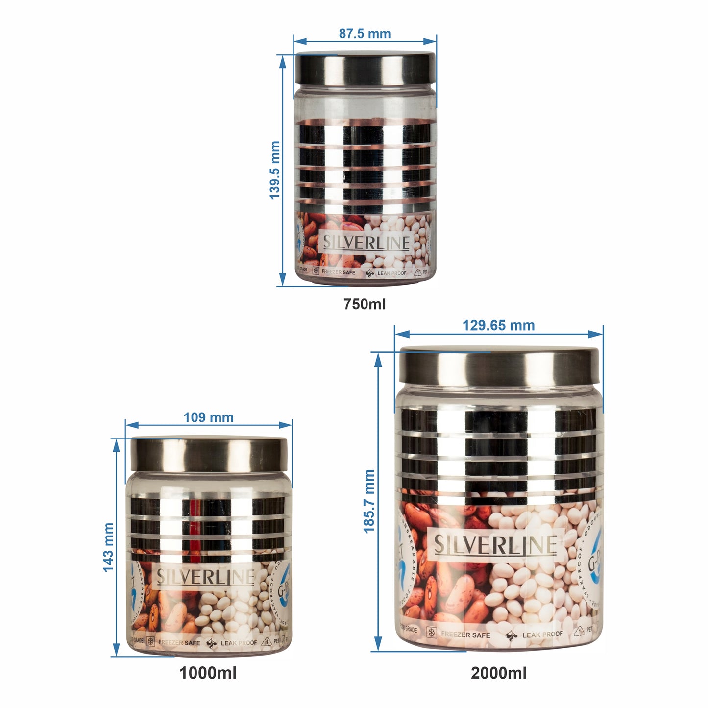 Silver Line Container - Pack of 9C - 2000ml, 1000ml, 750ml