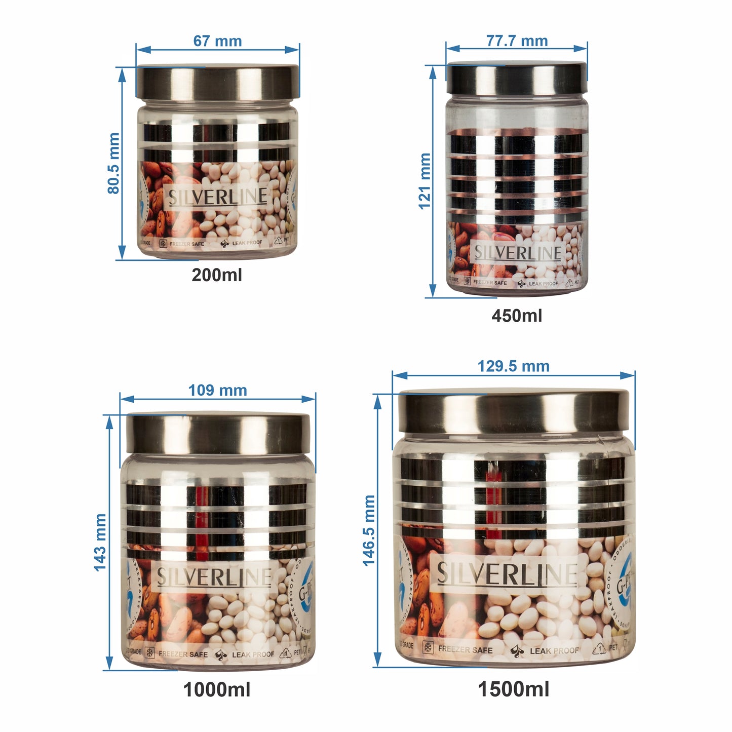 Silver Line Containers (Set Of 20) - 1500 ml, 1000 ml, 450 ml, 200 ml, 100 ml